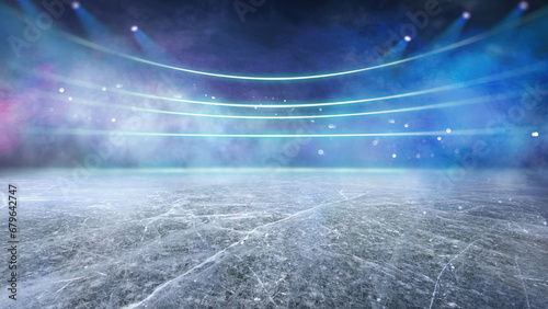 Blue ice and cracks on the surface of the ice. Frozen lake with ice hockey goal.