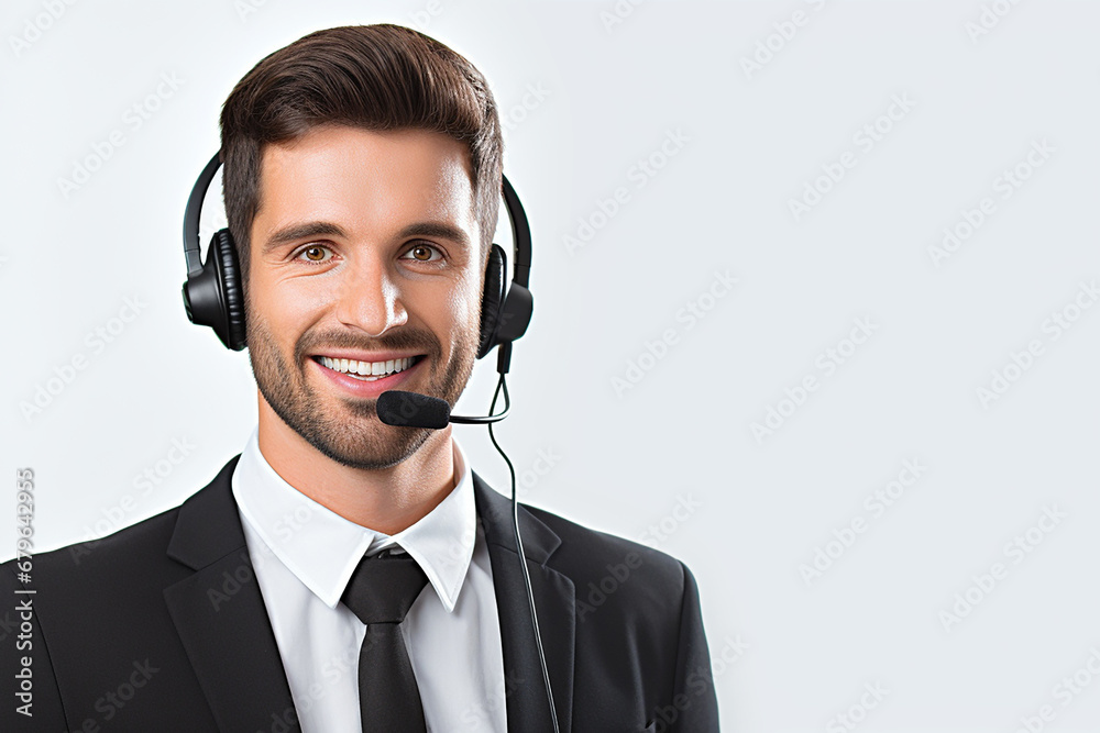 Portrait of a handsome smiling man, a support operator, with a headset and a microphone. Colcetra employee on white background Portrait of a handsome smiling man, a support operator, with a headset and a microphone. Colcetra employee on white background