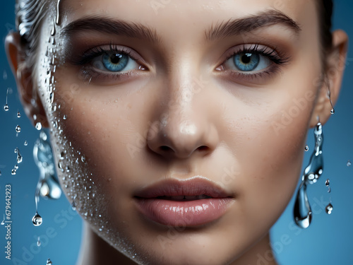 Beautiful Woman with splashes of water in her hands. Beautiful Smiling model girl under splash of water with fresh skin over blue background. Skin care Cleansing and moisturizing concept. Beauty face