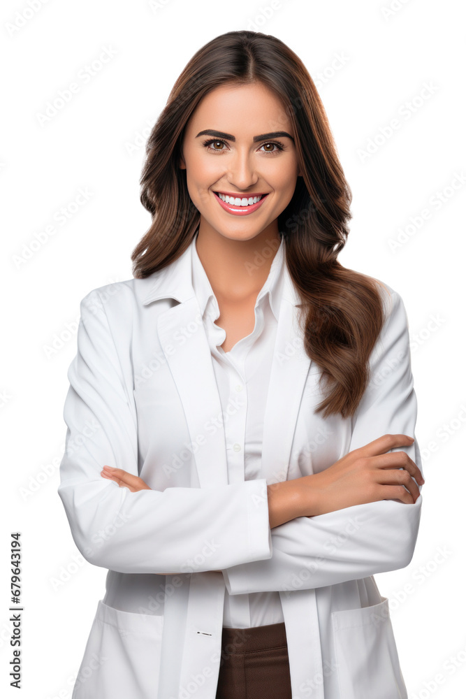A happy female pharmacist standing with your arms crossed with confidence isolated on transparent background. A happy female pharmacist standing with your arms crossed with confidence isolated on transparent background.