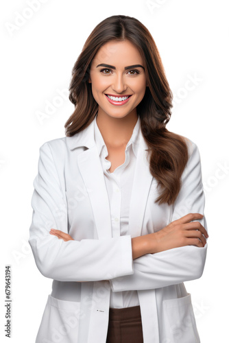 A happy female pharmacist standing with your arms crossed with confidence isolated on transparent background. photo