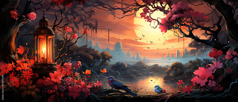 Fototapeta premium Cute Sunset Garden Rendezvous