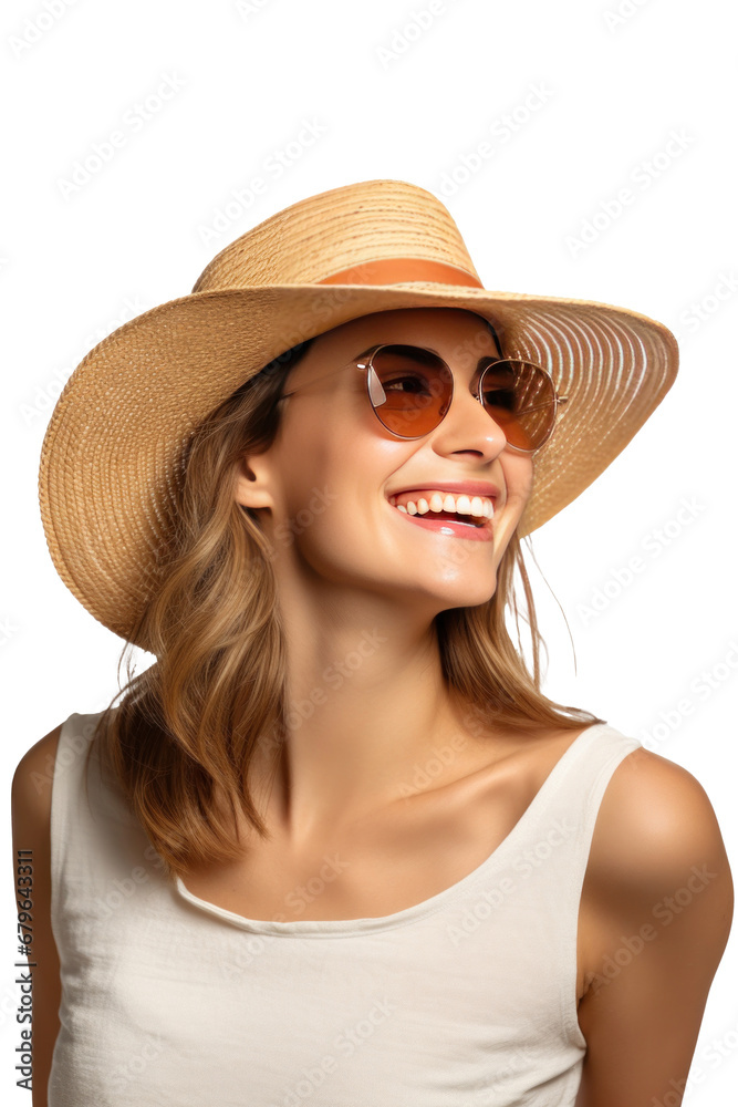 A happy woman in straw hat and sunglasses isolated on transparent background. A happy woman in straw hat and sunglasses isolated on transparent background.