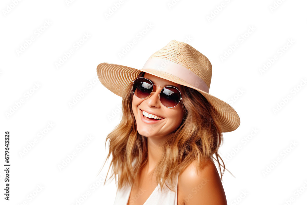 A happy woman in straw hat and sunglasses isolated on transparent background. A happy woman in straw hat and sunglasses isolated on transparent background.