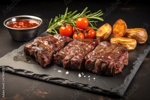 beef ribs with a tangy bbq sauce served on a stone slate