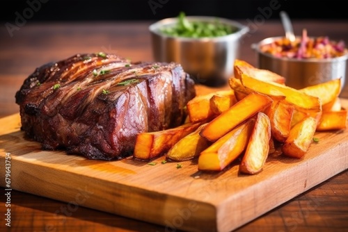 Obraz na płótnie bbq beef ribs with potato wedges on a wooden board w salonie