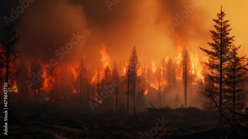 Aerial drone shot overlooking trees in orange flames forest fire destroying and causing air pollution on dark dry summer night. Burning wood at dark deep wild forest. Horrible nature wildfire disaster © Ellionn