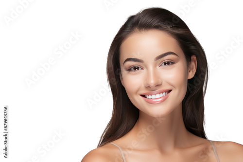 A happy young woman with healthy skin showing skincare isolated on transparent background. photo