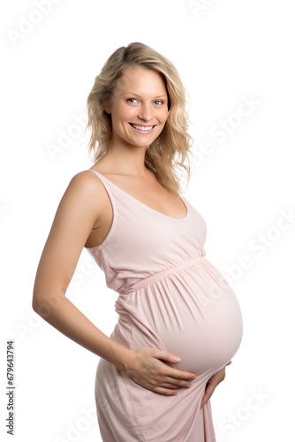 A pregnant woman smiling at her growing belly, cherishing the joy of maternity isolated on transparent background.