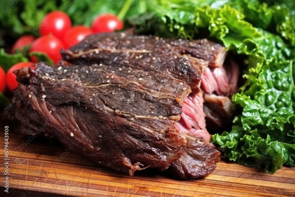 a close shot of tangy bbq beef ribs nestled on a bed of leafy greens