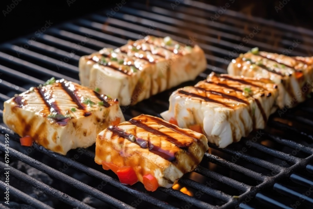 tofu steaks on a barbeque grill with teriyaki marinade bubbling tofu steaks on a barbeque grill with teriyaki marinade bubbling