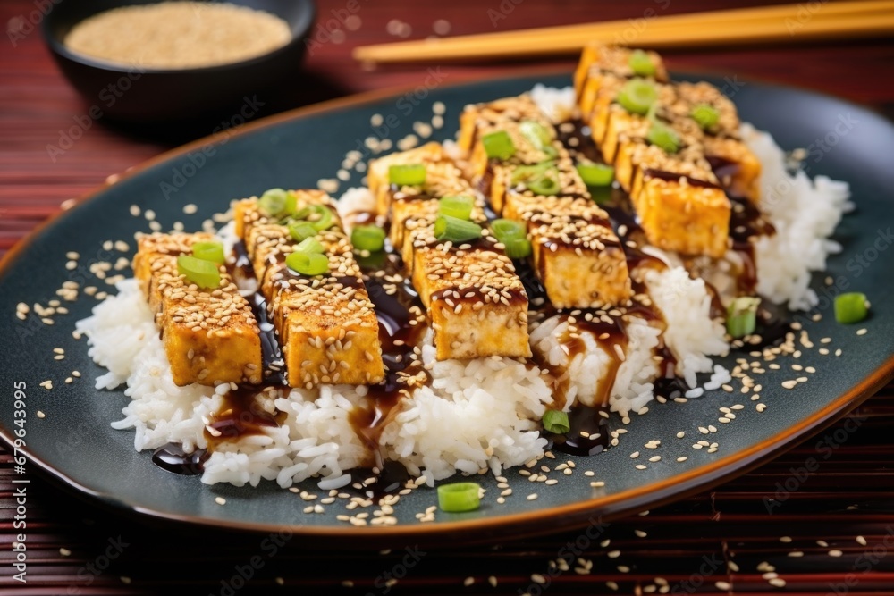 a toasted sesame seed sprinkle over tofu steaks with teriyaki glaze a toasted sesame seed sprinkle over tofu steaks with teriyaki glaze