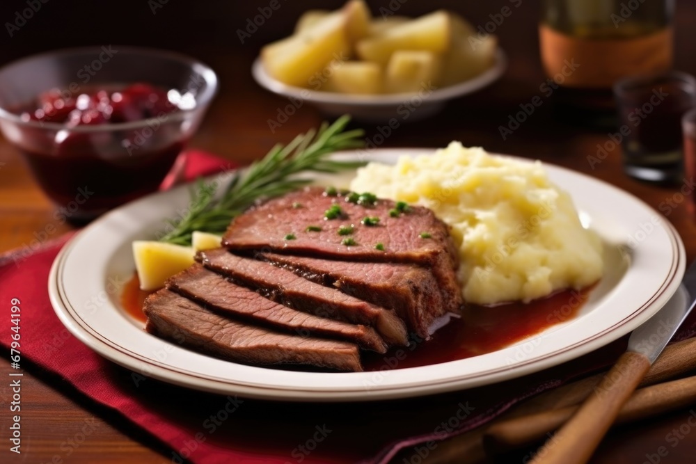 high-angle shot of brisket slices served with mashed potatoes high-angle shot of brisket slices served with mashed potatoes