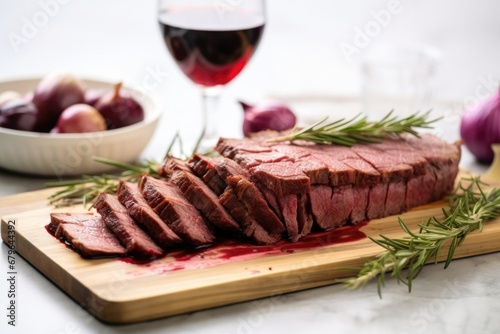 wide-shot of brisket slices on a marble board, accompanied by red wine
