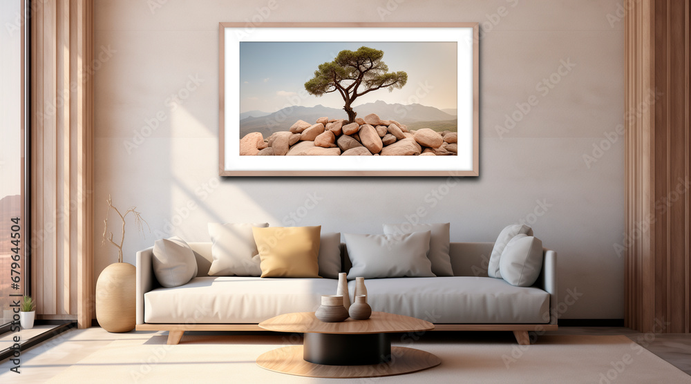 framed photo of a tree and photo on a stone mantle, in the style of flat compositions, minimalist sets