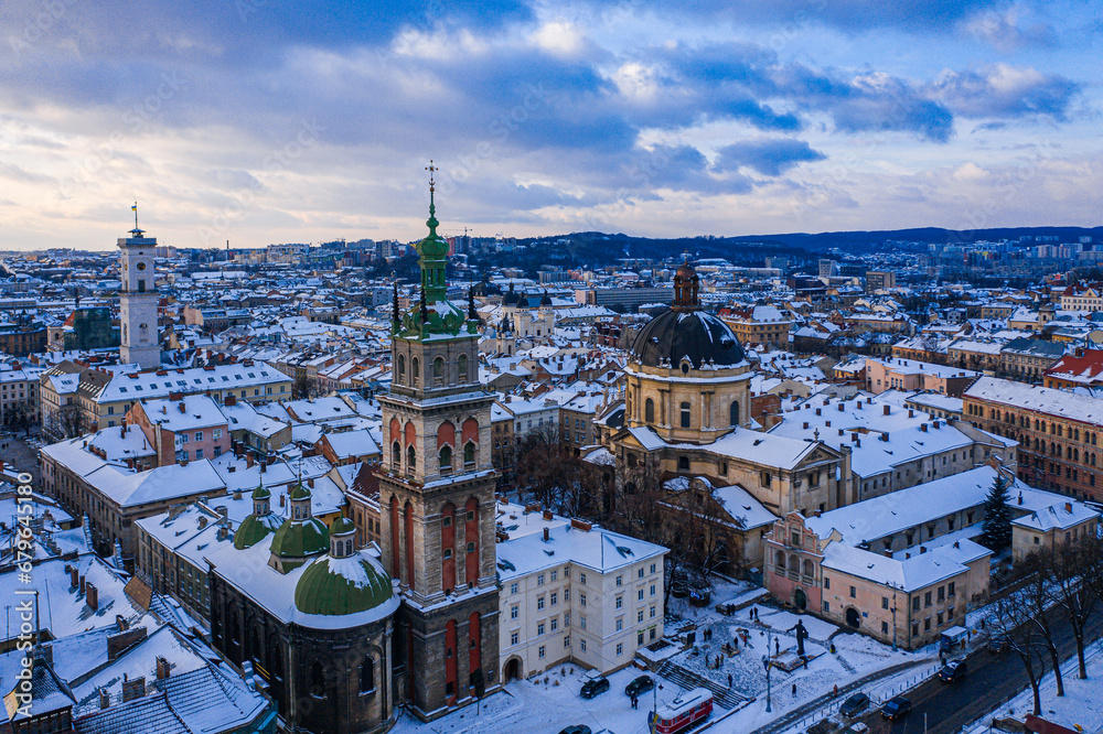 Fototapeta premium Panoramic view on Lviv in winter from drone