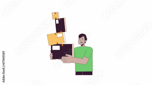 Troubled indian guy carrying unsteady boxes line 2D character animation. Stressed flat color cartoon 4K video, alpha channel. Parcels holding south asian man animated person on white background