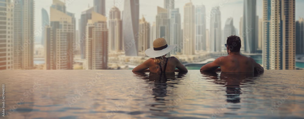 couple enjoying panorama view of Dubai marina from infinity pool. UAE travel. banner copy space - obrazy, fototapety, plakaty 
