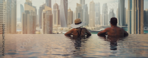 couple enjoying panorama view of Dubai marina from infinity pool. UAE travel. banner copy space photo
