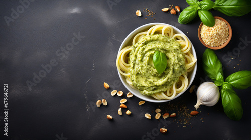 Italian pasta with basil pesto sauce made from cheese