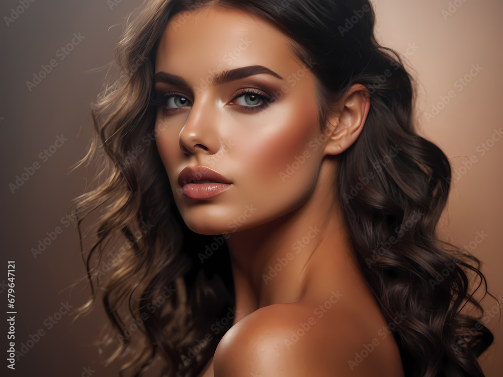 Naklejka premium woman with long bown curly hair. Portrait of a Beautiful Brunette sexy girl with long hair