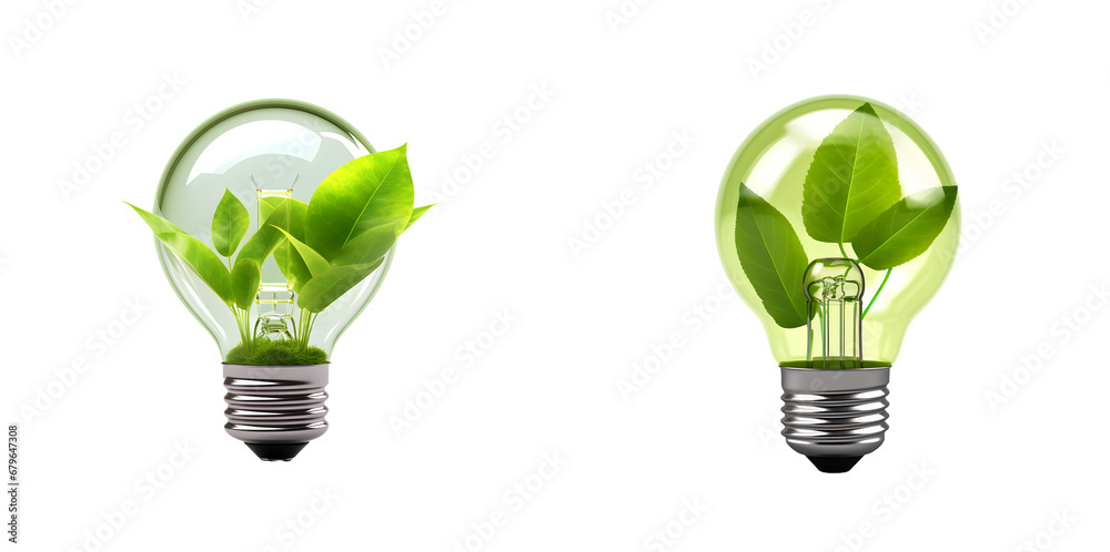 energy saving light bulb. Light bulb with leaf concept of green energy - obrazy, fototapety, plakaty 
