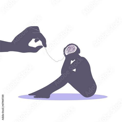 Unraveling tangled tangle. Psychotherapy concept. Metaphor of problem solving, chaos and mess, difficult situation. Helping hand