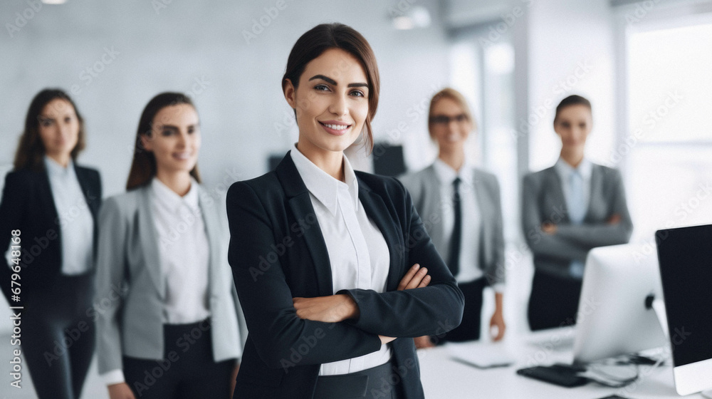 Business woman leader in front of her team.