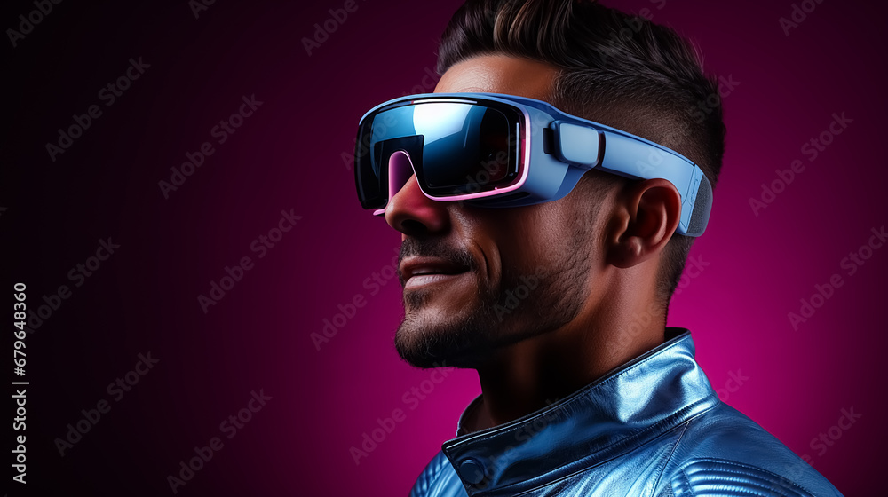 Attractive man wearing VR glasses, augmented reality glasses. Isolated on color background. Attractive man wearing VR glasses, augmented reality glasses. Isolated on color background.