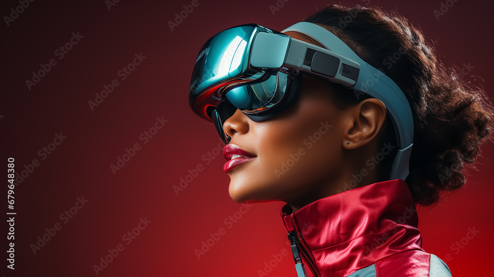 Attractive african american woman wearing VR glasses, augmented reality glasses. Isolated on color background. Attractive african american woman wearing VR glasses, augmented reality glasses. Isolated on color background.