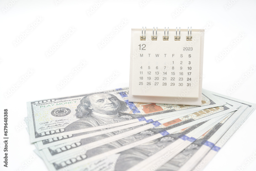 Obraz premium Envelope With Money And Calendar. opens envelope with money, dollars. Pension Concept. Bonus Money. isolated on white background.