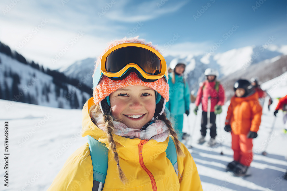 Generative AI small children learn how to snowboarding climbing up down mountain resort christmas time