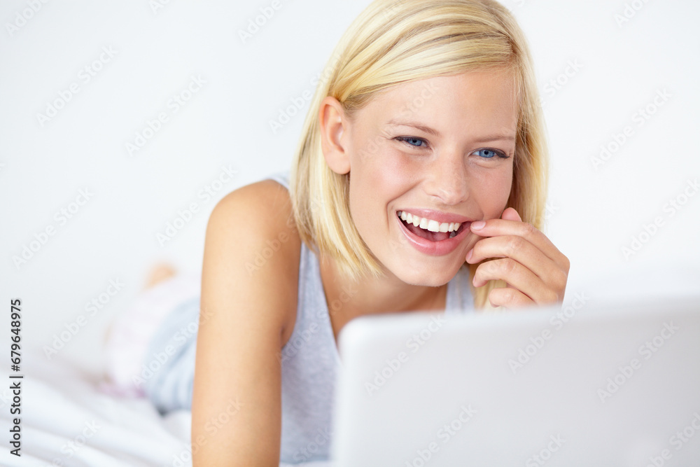 Happy, laptop and woman on bed for watching movie, online shopping and internet blog in bedroom. Relax, smile and person on computer for streaming subscription, videos and series on weekend at home Happy, laptop and woman on bed for watching movie, online shopping and internet blog in bedroom. Relax, smile and person on computer for streaming subscription, videos and series on weekend at home