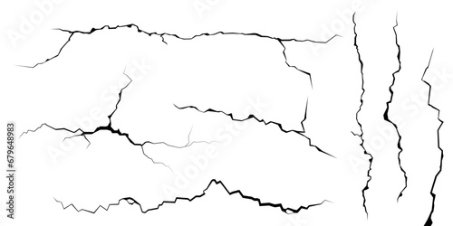 Surface cracks and fissures in ground, concrete, crevices from disaster top view. Breaks on land surface from earthquake isolated on white background. Broken ground, wall, glass pattern effect. Damage