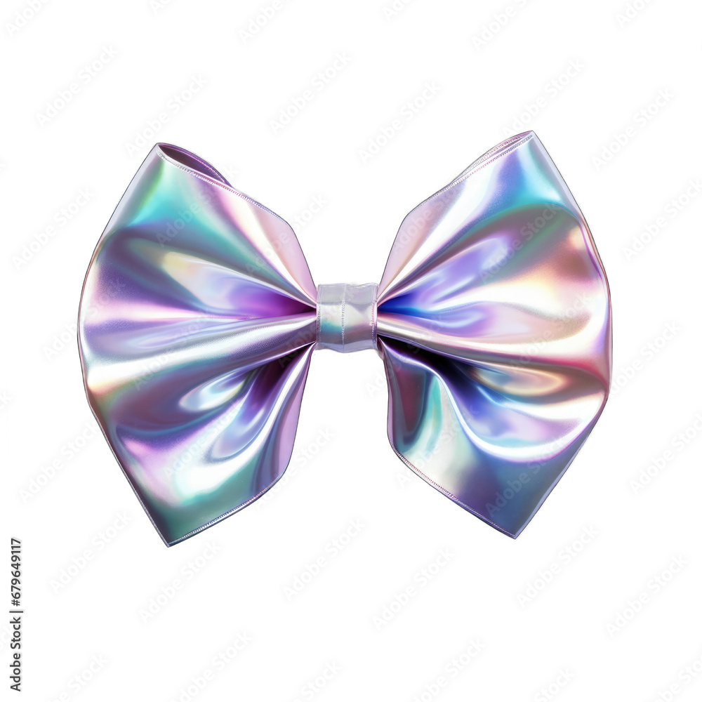 Silver holographic bow and ribbon isolated on transparent background
