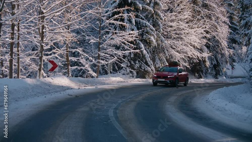 TRACKING Family driving home with a Christmas tree tied to a roof of a generic red car against beautiful mountain landscape (ID: 679649164)