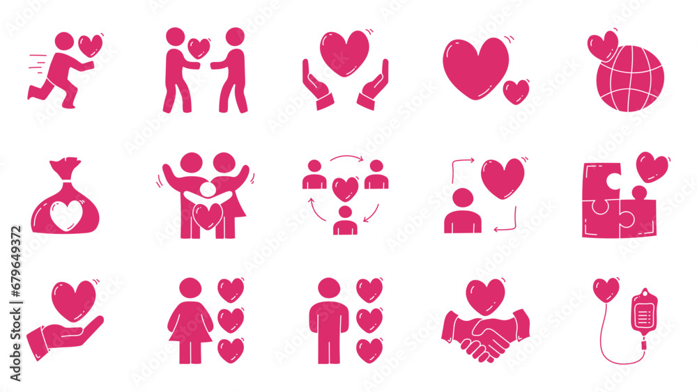 Hand drawn charity love flat icon set. Charity love doodle icon collections. Hand drawn charity love flat icon set. Charity love doodle icon collections.
