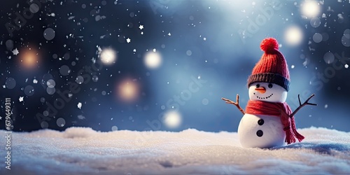 Building joy with frosty friend. Snowy delight. Celebrating season with merry snowman and snow. Frosty greetings. Charming in winter tale on christmas © Bussakon
