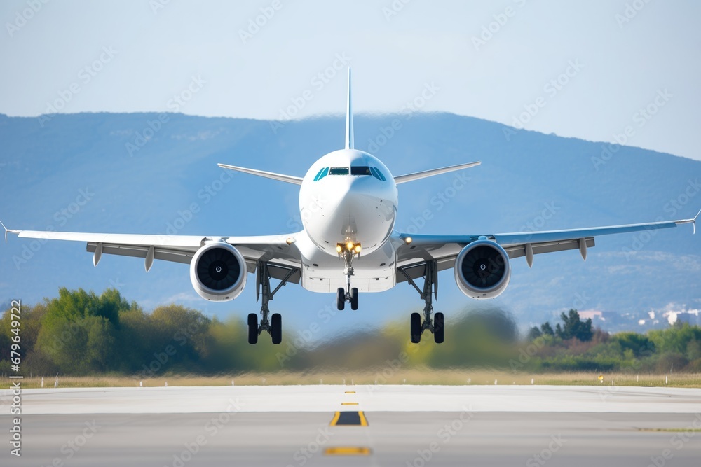 white passenger airplane landing with landing gear visible white passenger airplane landing with landing gear visible