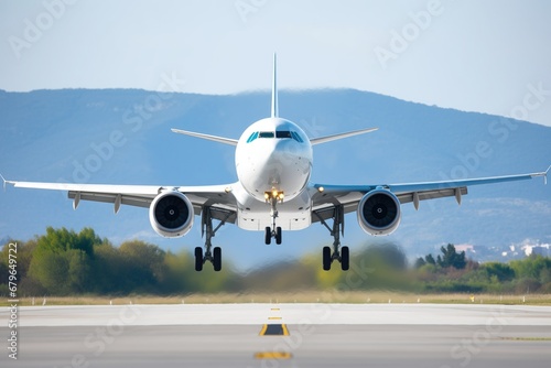 white passenger airplane landing with landing gear visible