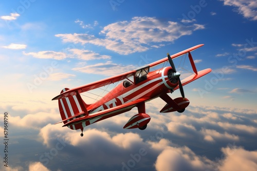 a biplane with red and white stripes in the sky