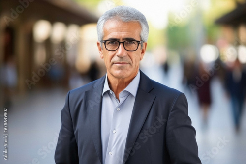 Senior man with grey hair standing outdoors at the city.