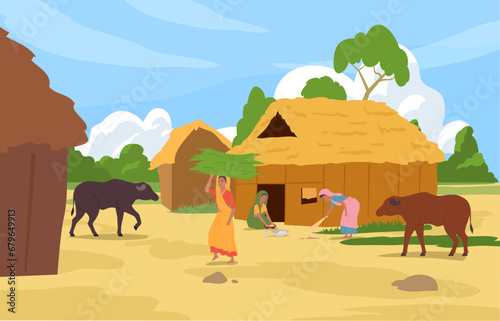 Indian rural landscape, vector illustration in flat cartoon style