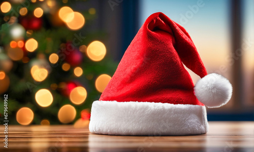 Santa Claus hat on a wooden table.