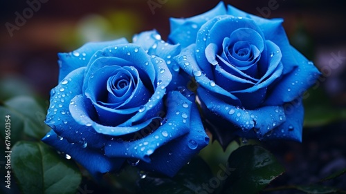 Two beautiful blue roses flowers water drops high Ai generated art