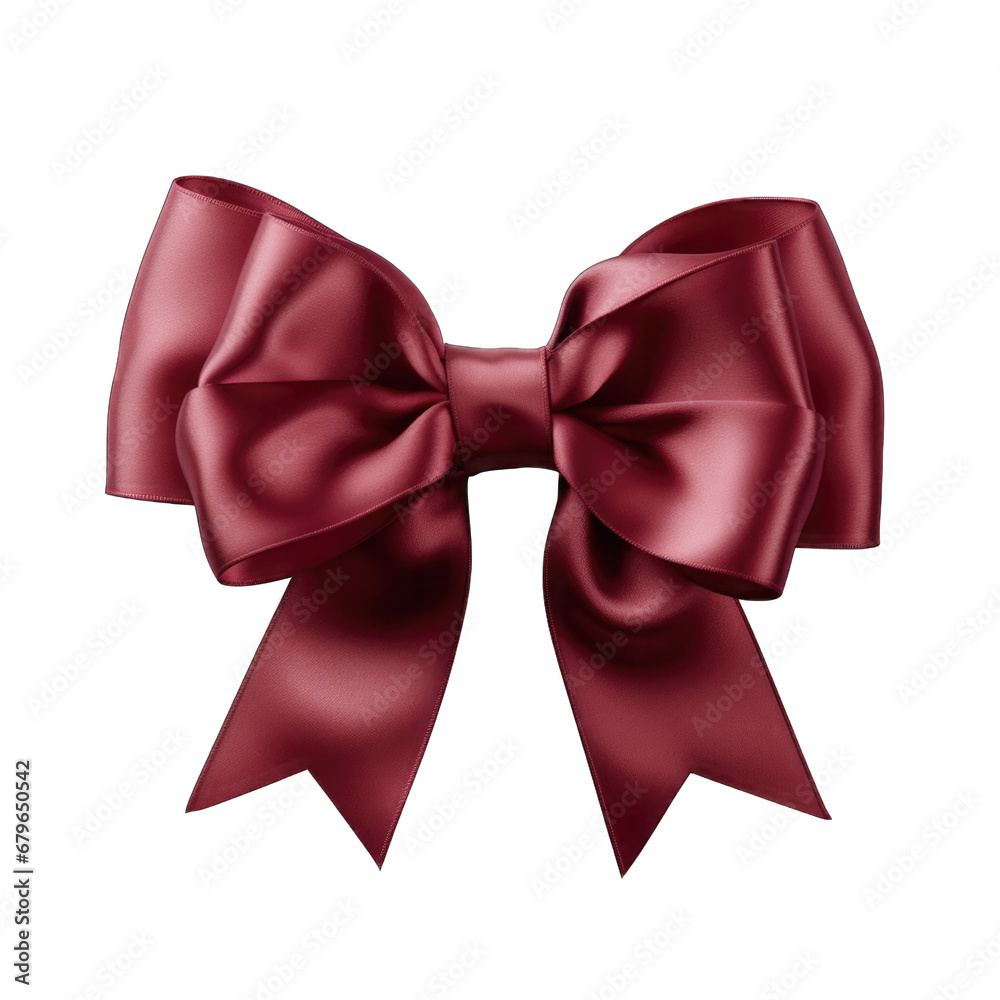 Rich burgundy satin bow with ribbon isolated on transparent background