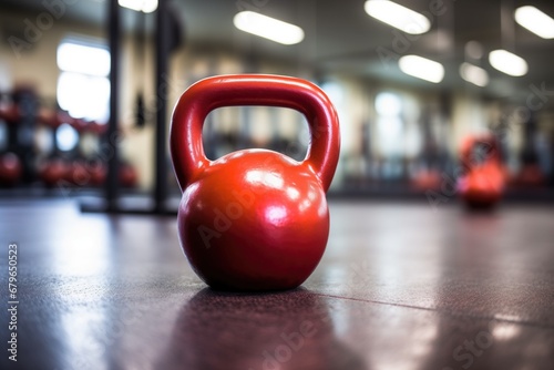close-up of a new, shiny kettlebell on gym floor