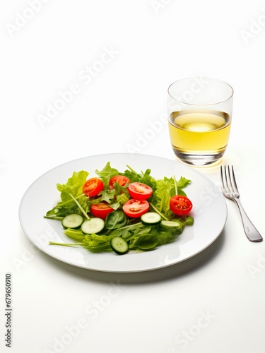 Vegetable salad and glass of juice on white background.