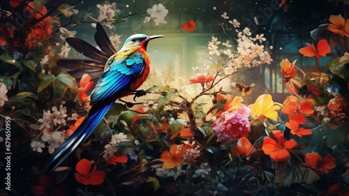 Two birds are sitting on a branch of a colorful flower in many plants Ai generated art © Arabindu