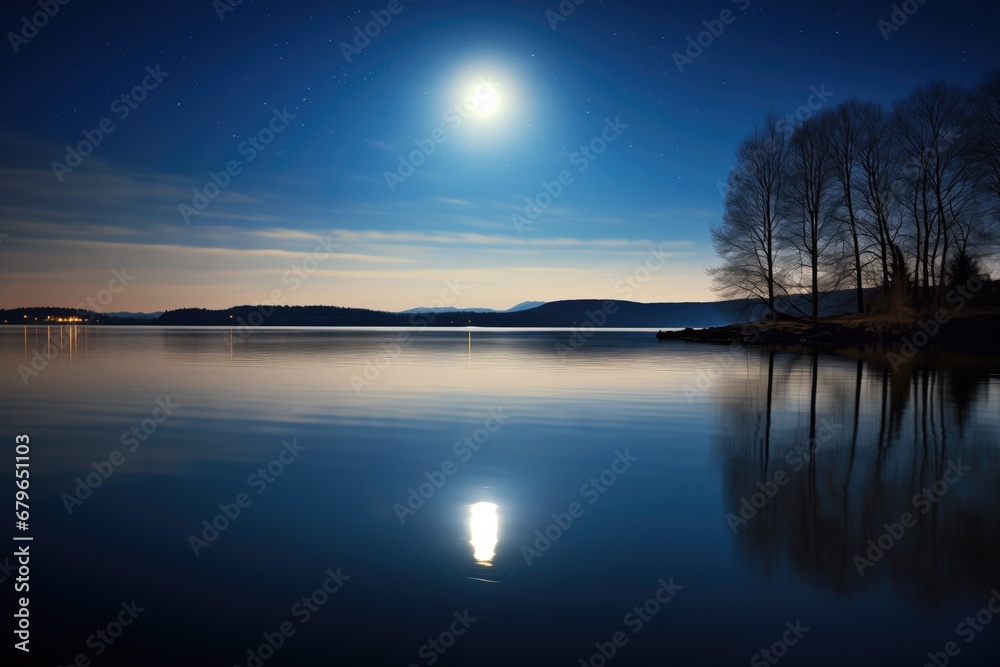 glowing full moon over a calm lake